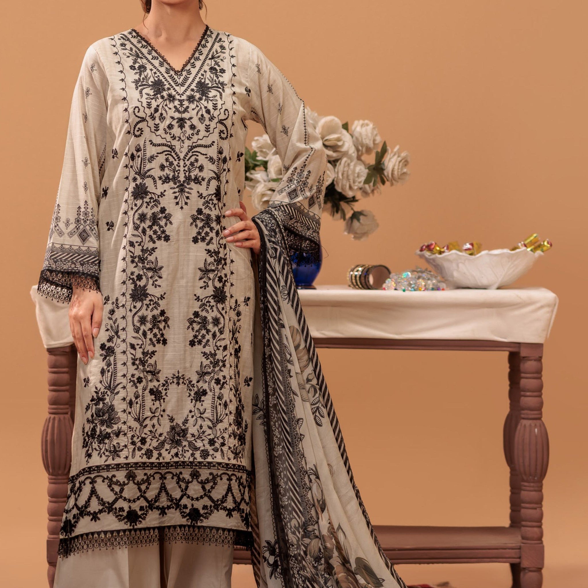 3 Piece Unstitched Embroidered Lawn Suit