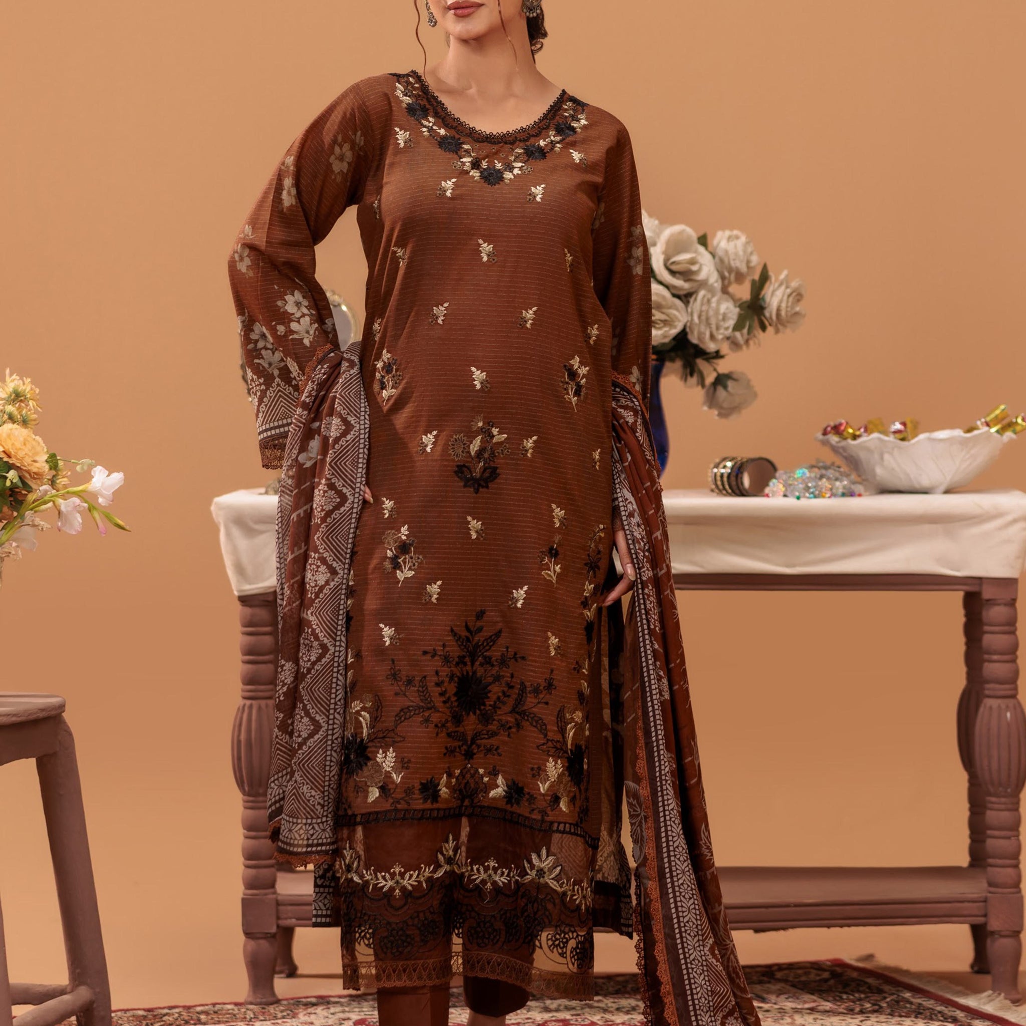 3 Piece Unstitched Embroidered Lawn Suit